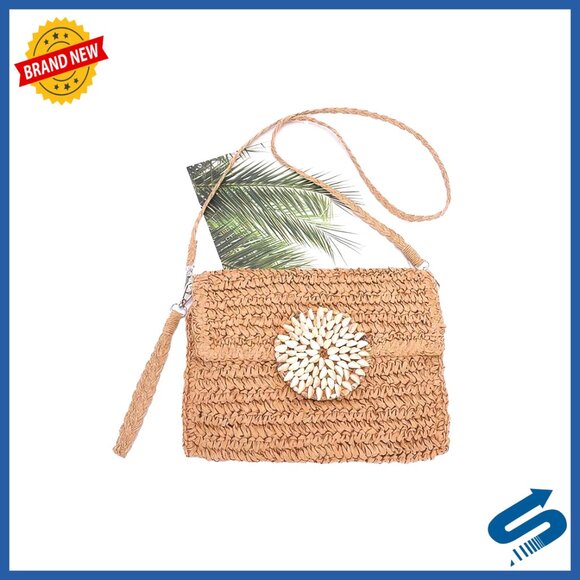 Handbags - Faux Straw Shell Clutch with Flap Closure, 13x9 Inches